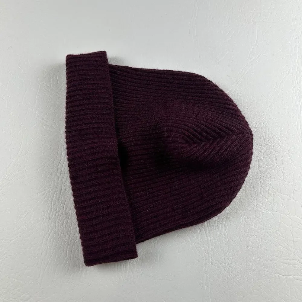 100% Extra Fine Merino Wool Beanie Burgundy Ribbed Knit Winter Hat Unisex